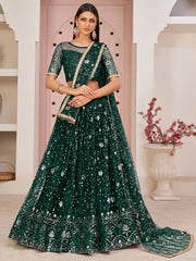Awesome Bottle Green Sequins Embroidered Net Lehenga Choli