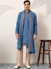 Alluring Blue Embroidered Silk Festival Wear Men’s Kurta With Dupatta