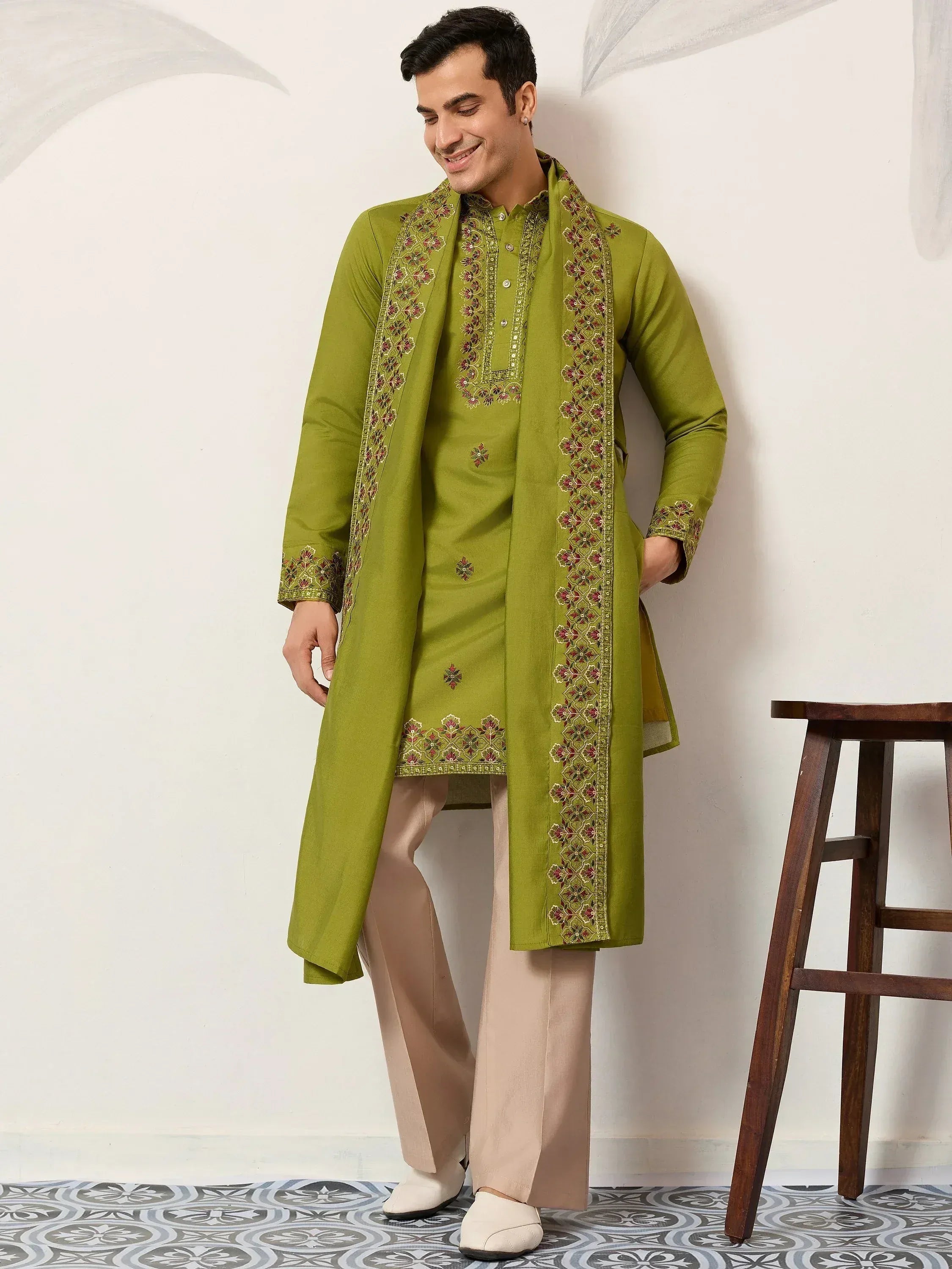 Amazing Green Embroidered Silk Function Wear Men’s Kurta With Dupatta