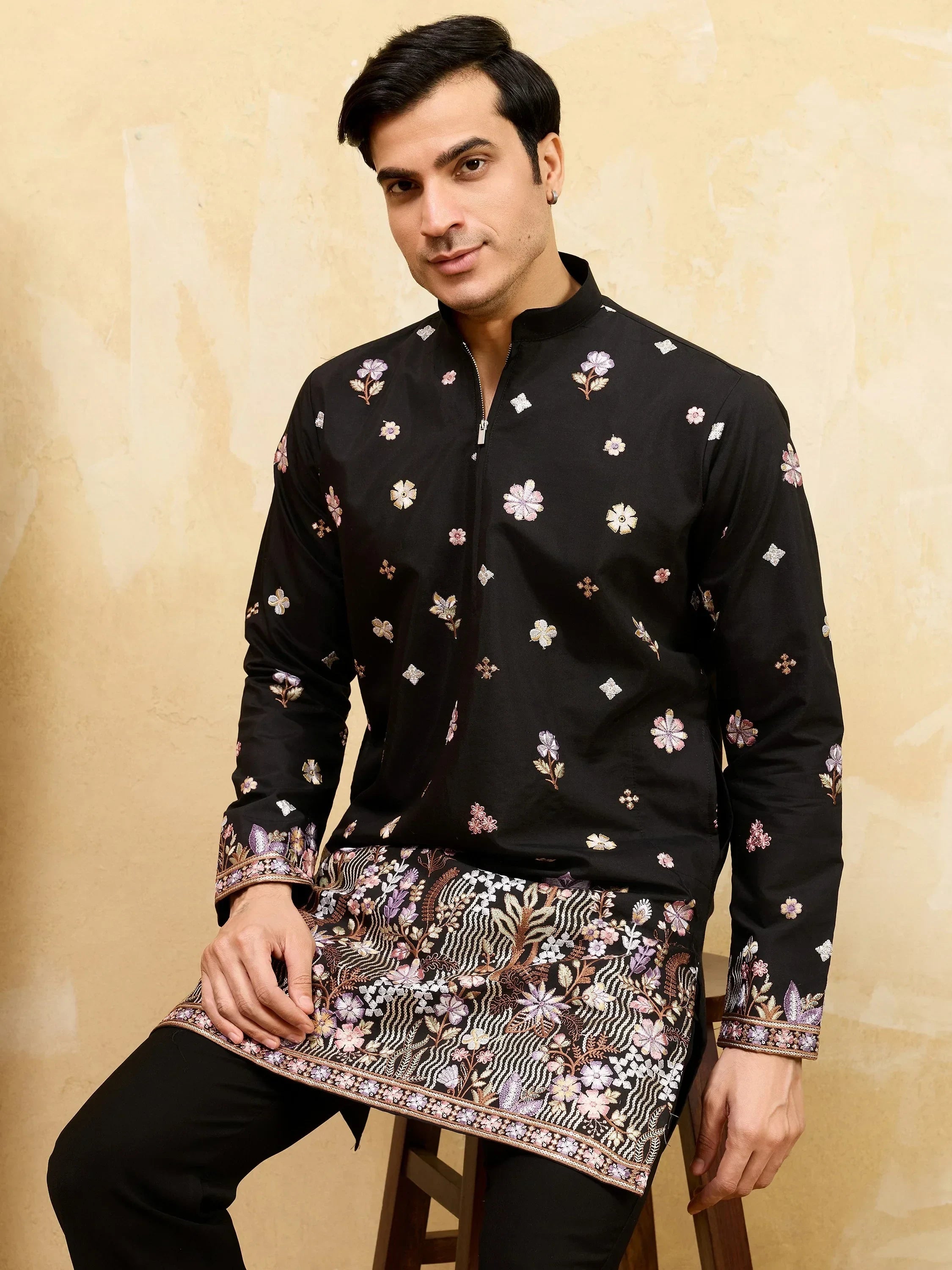 Charming Black Embroidered Silk Festival Wear Men’s Kurta
