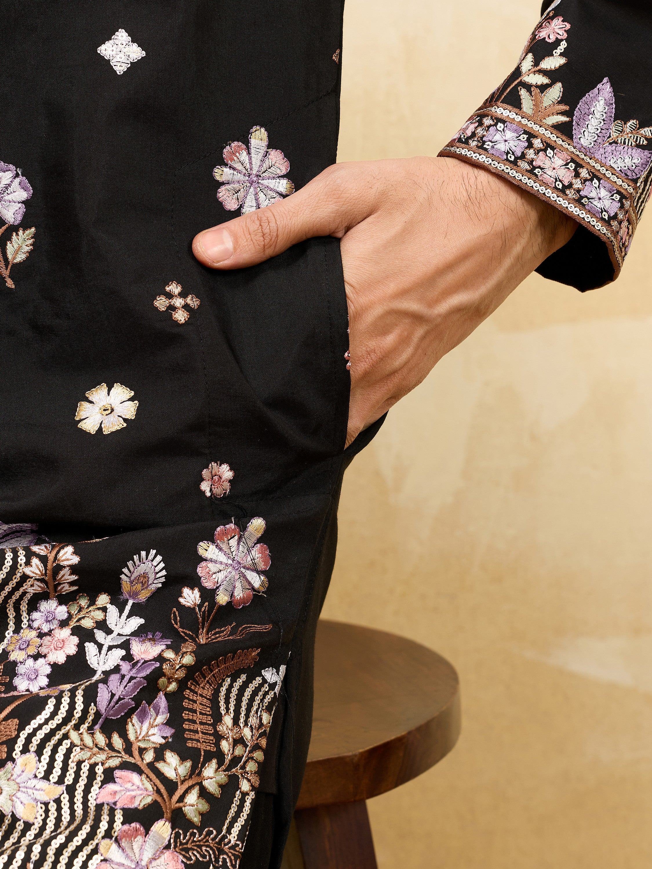 Charming Black Embroidered Silk Festival Wear Men’s Kurta