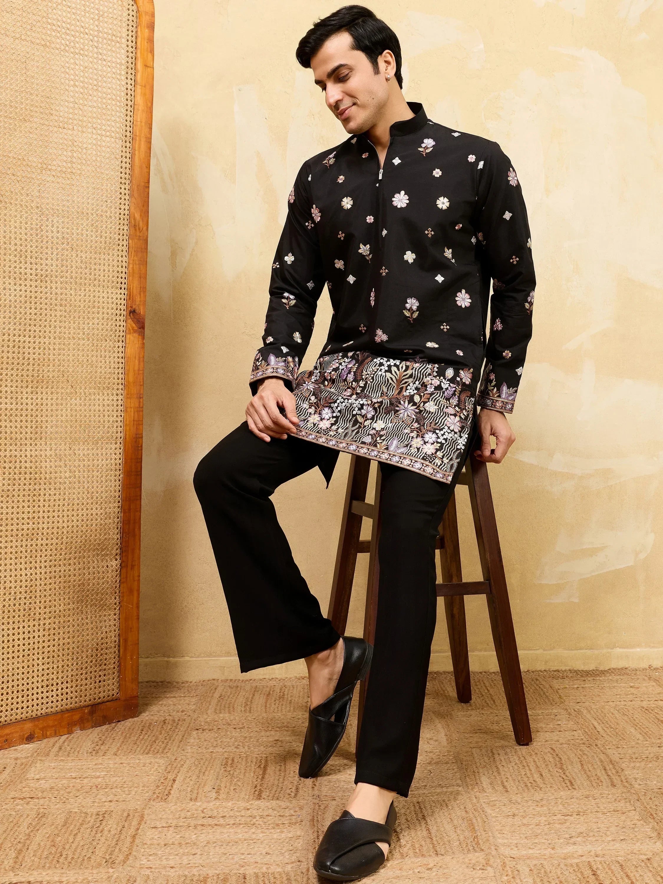 Charming Black Embroidered Silk Festival Wear Men’s Kurta