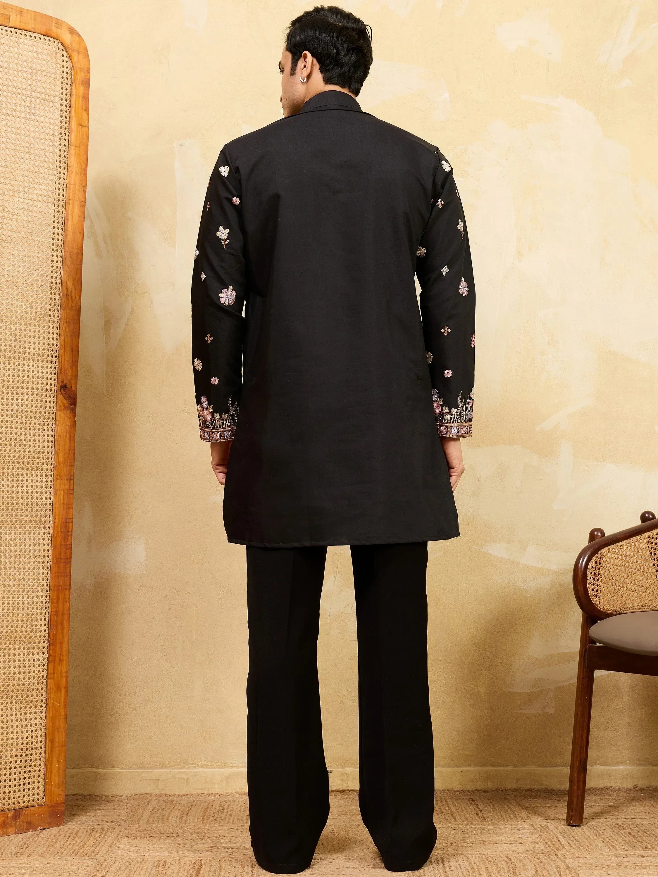 Charming Black Embroidered Silk Festival Wear Men’s Kurta