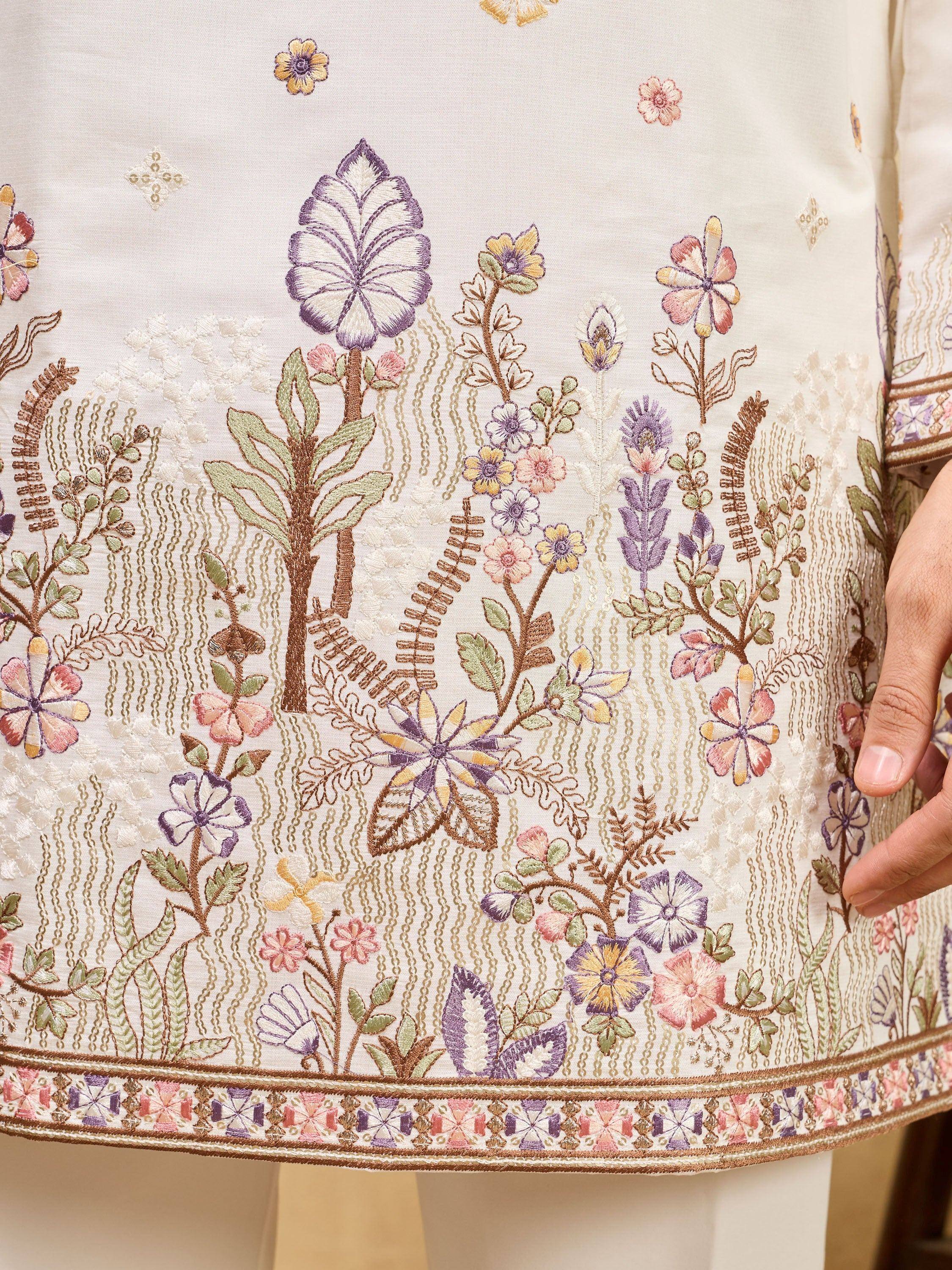 Dazzling Off-White Embroidered Silk Wedding Wear Men’s Kurta