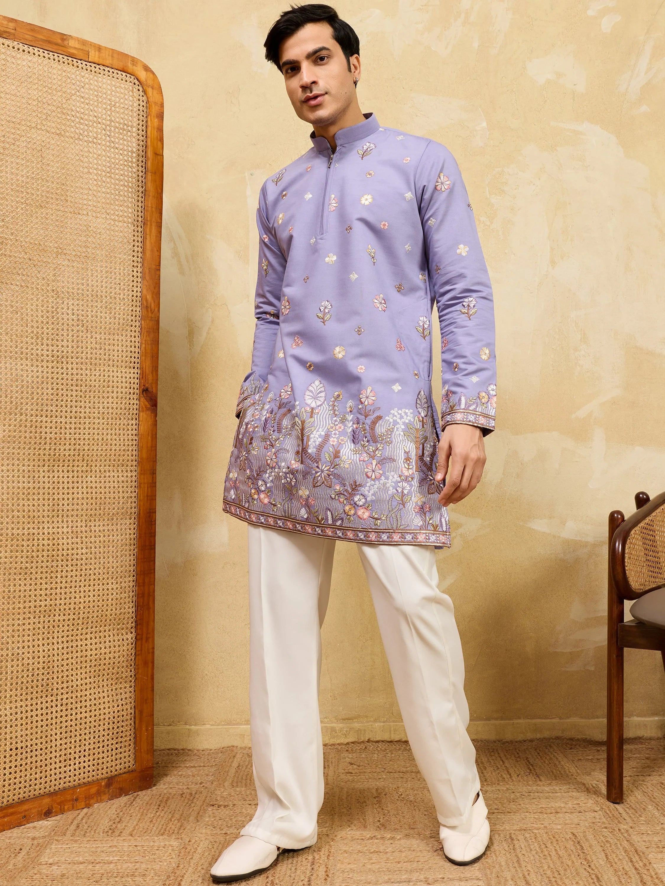 Stunning Lavender Embroidered Silk Function Wear Men’s Kurta