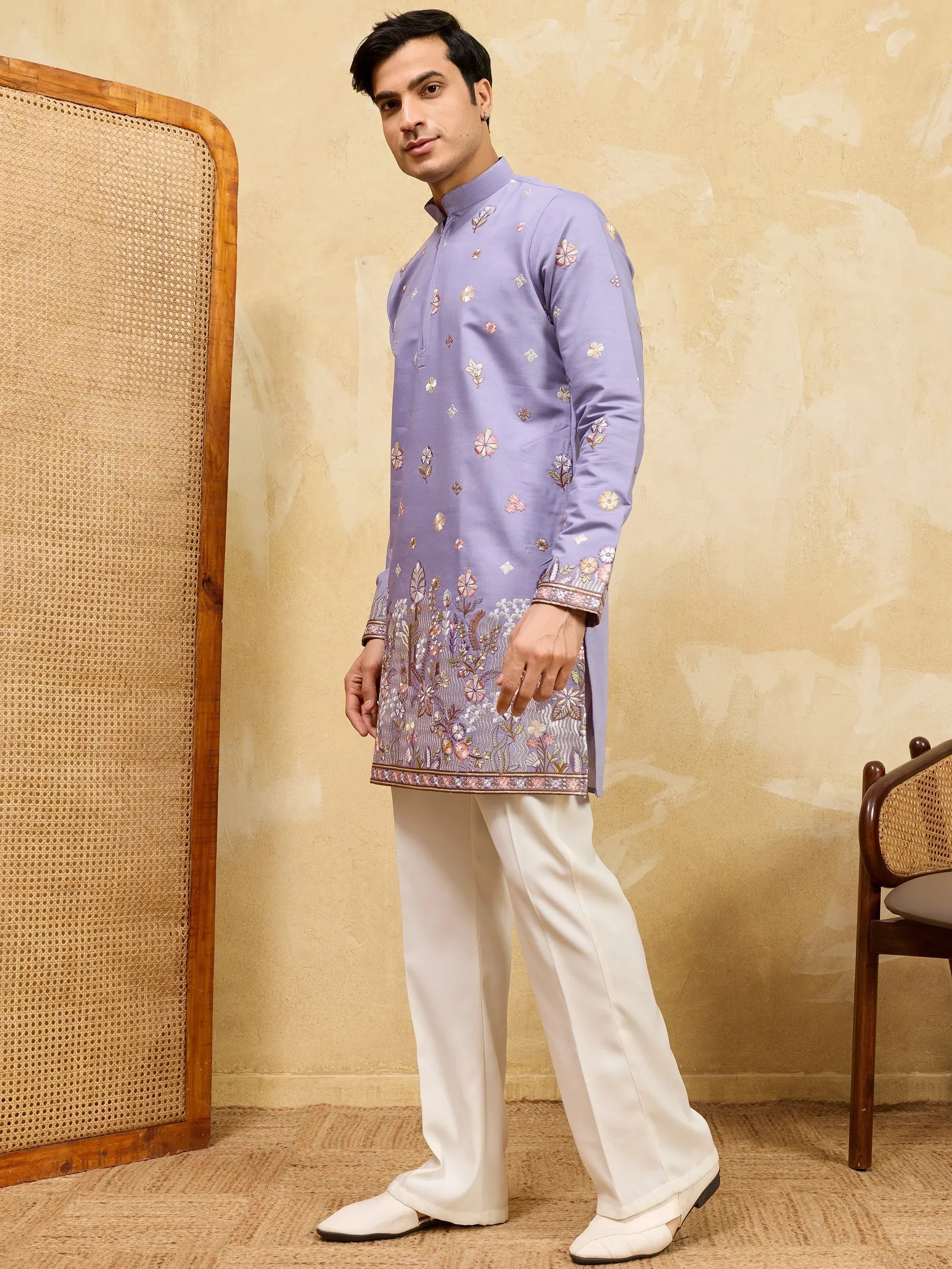 Stunning Lavender Embroidered Silk Function Wear Men’s Kurta