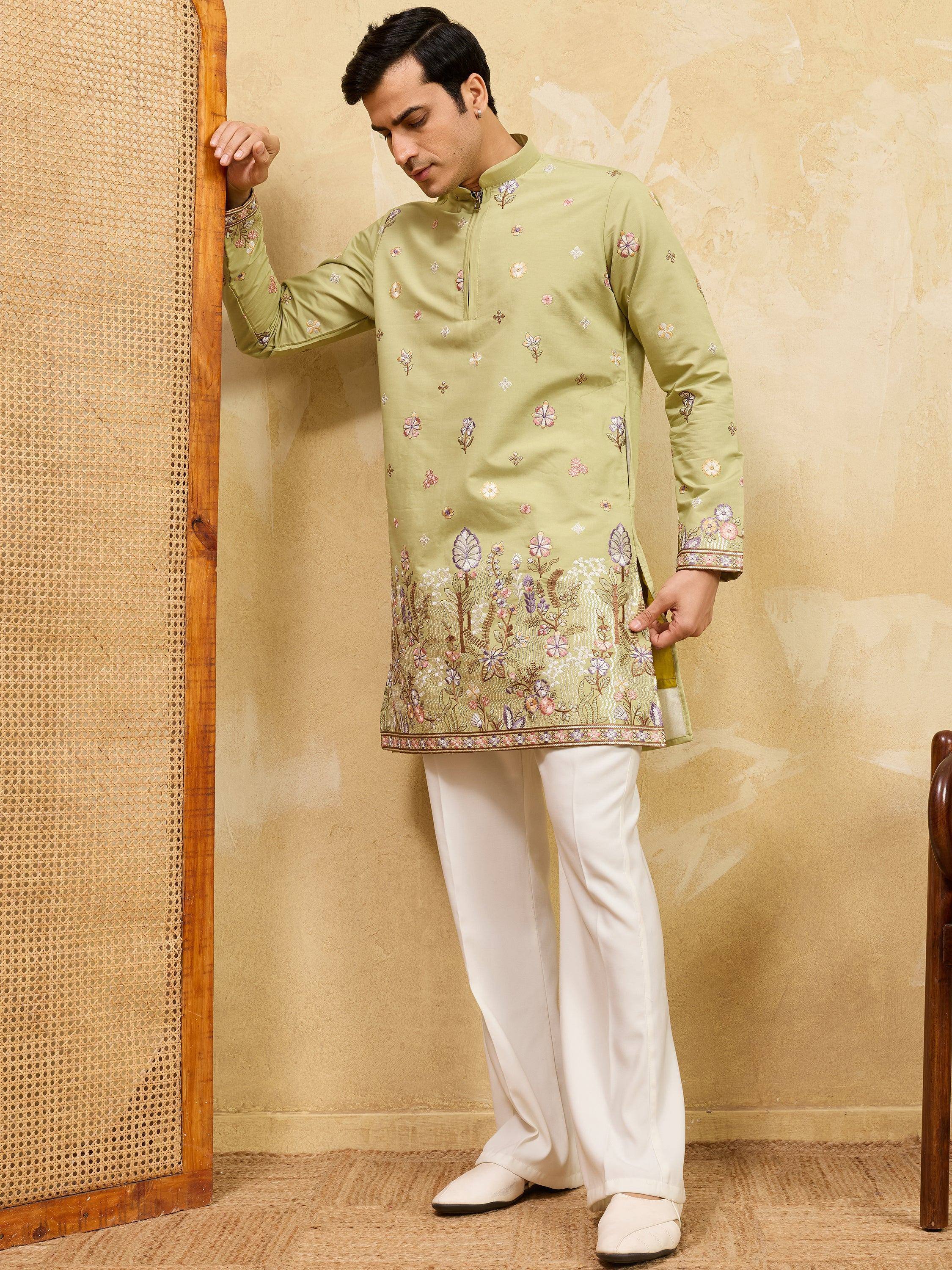Impressive Green Embroidered Silk Festival Wear Men’s Kurta
