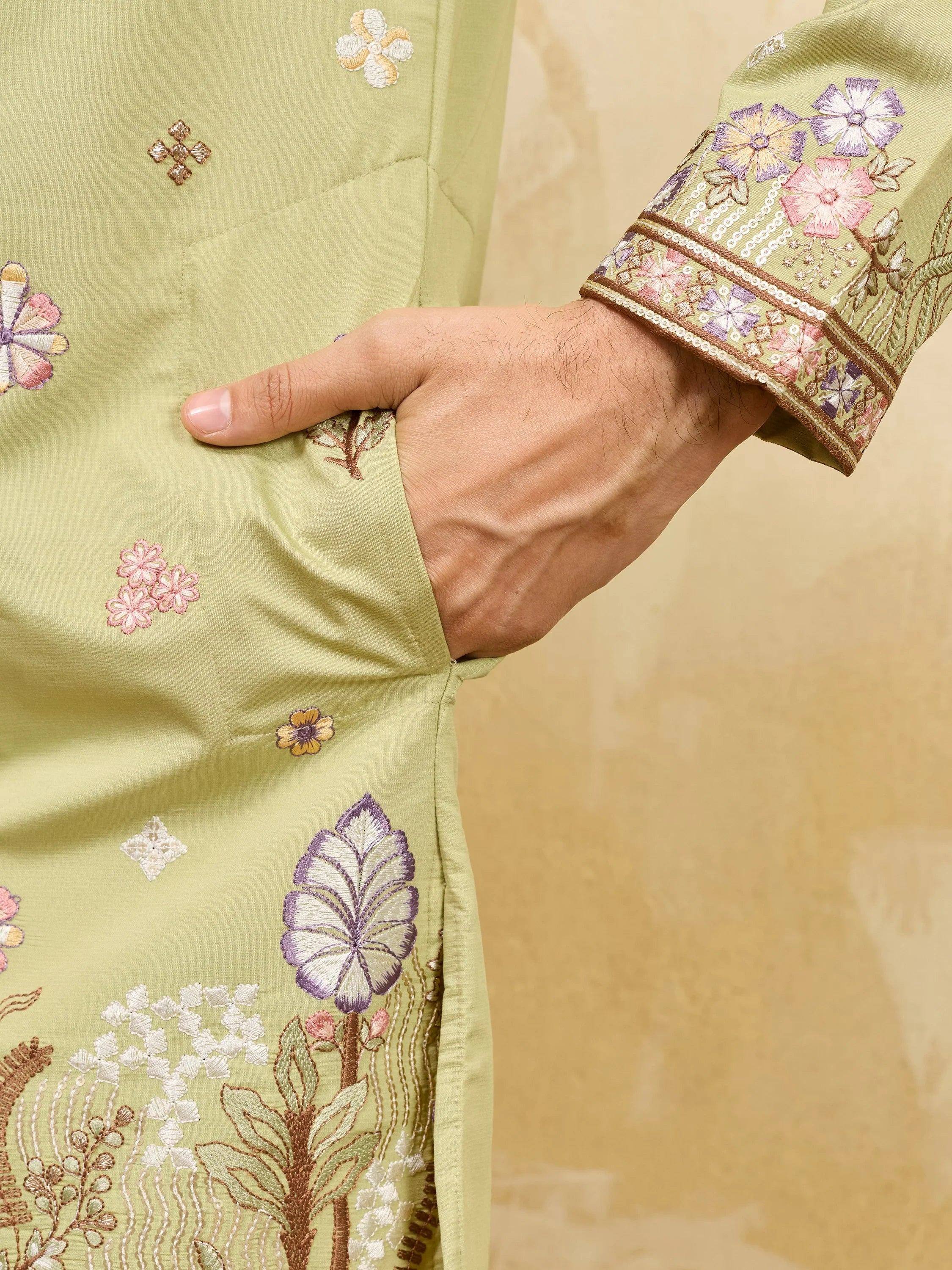 Impressive Green Embroidered Silk Festival Wear Men’s Kurta