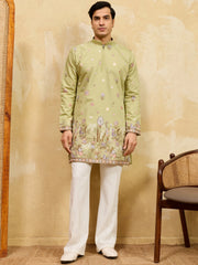 Impressive Green Embroidered Silk Festival Wear Men’s Kurta