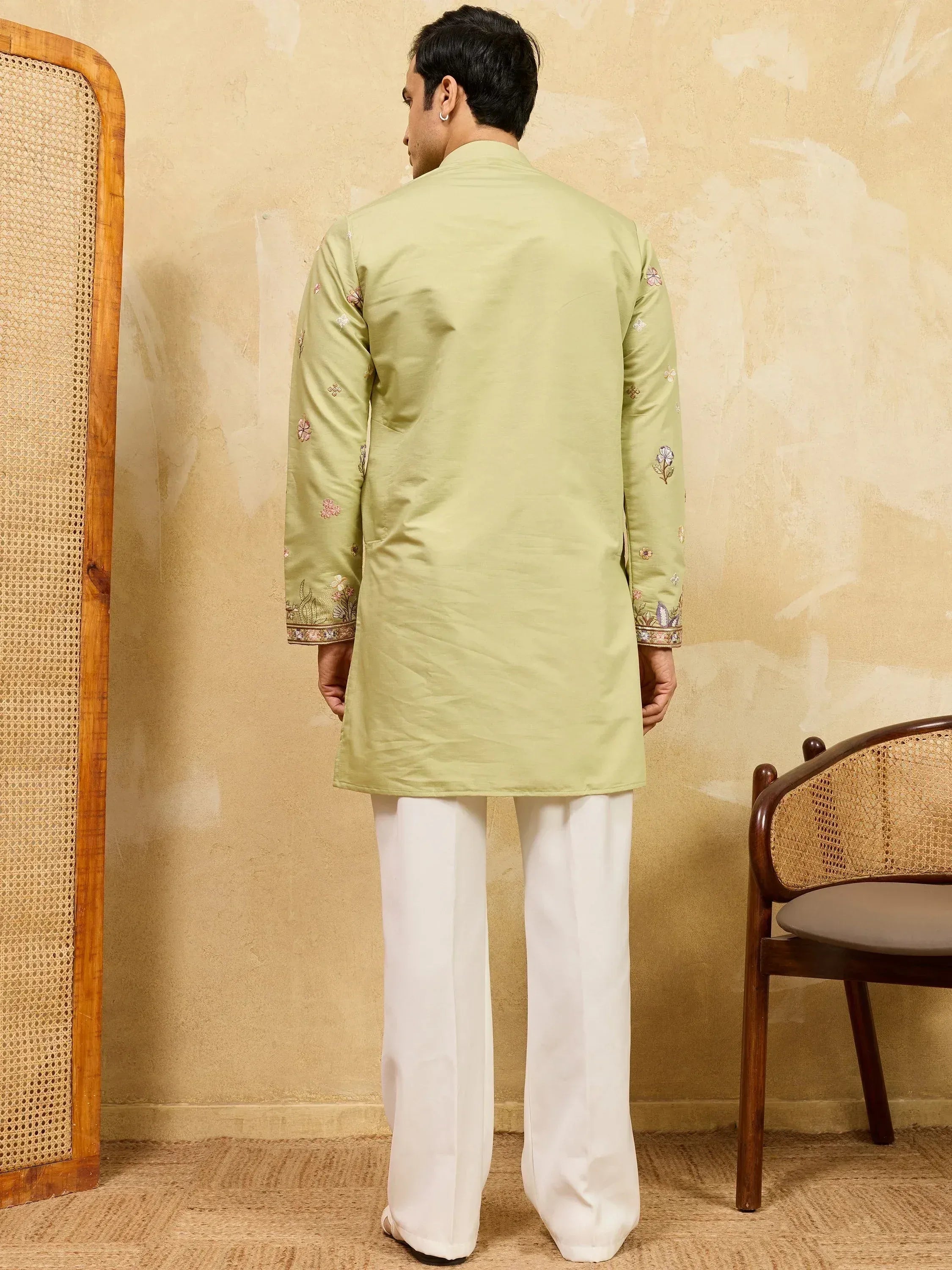 Impressive Green Embroidered Silk Festival Wear Men’s Kurta