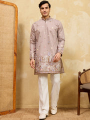 Attractive Beige Embroidered Silk Function Wear Men’s Kurta