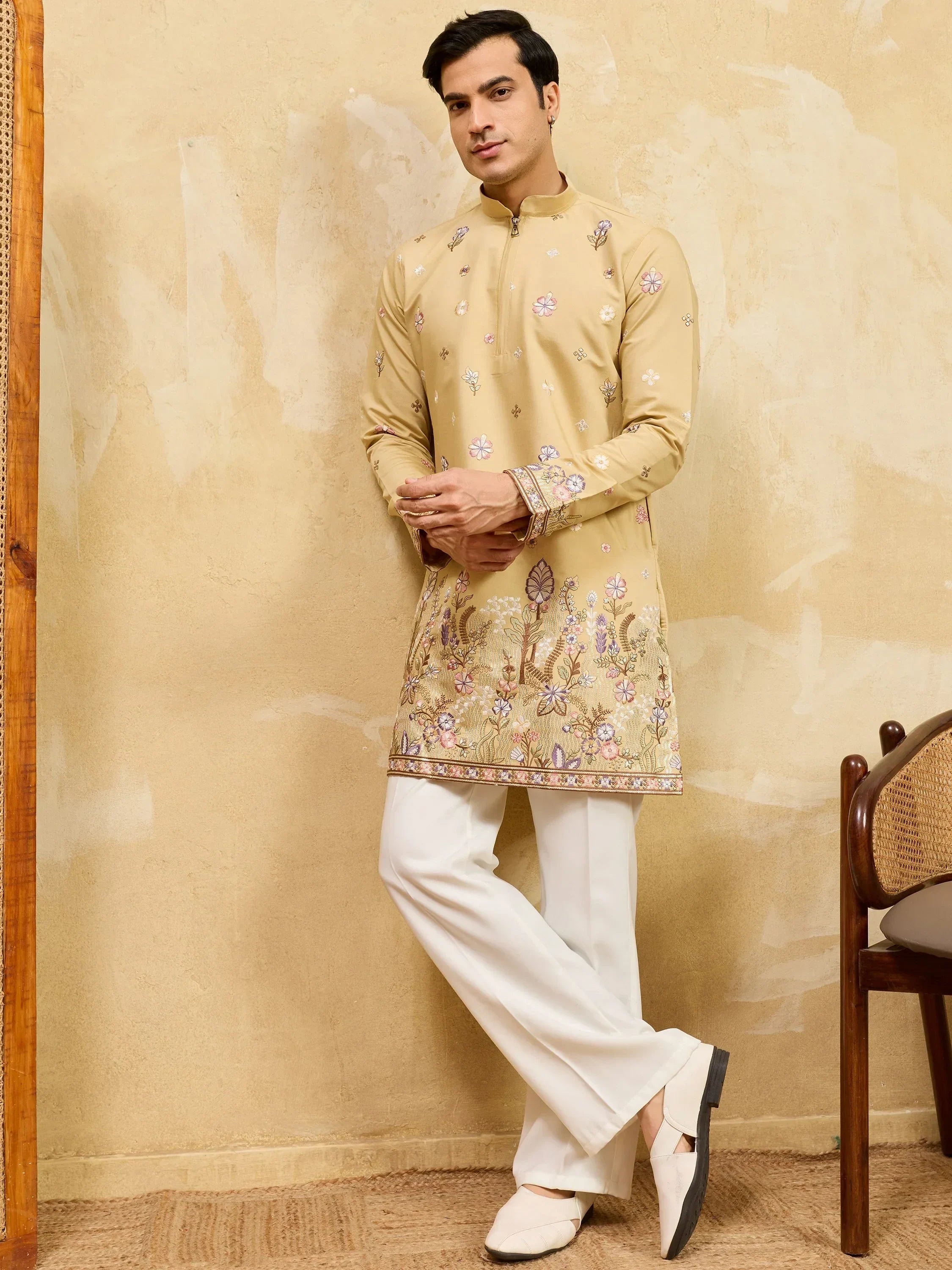 Awesome Yellow Embroidered Silk Wedding Wear Men’s Kurta