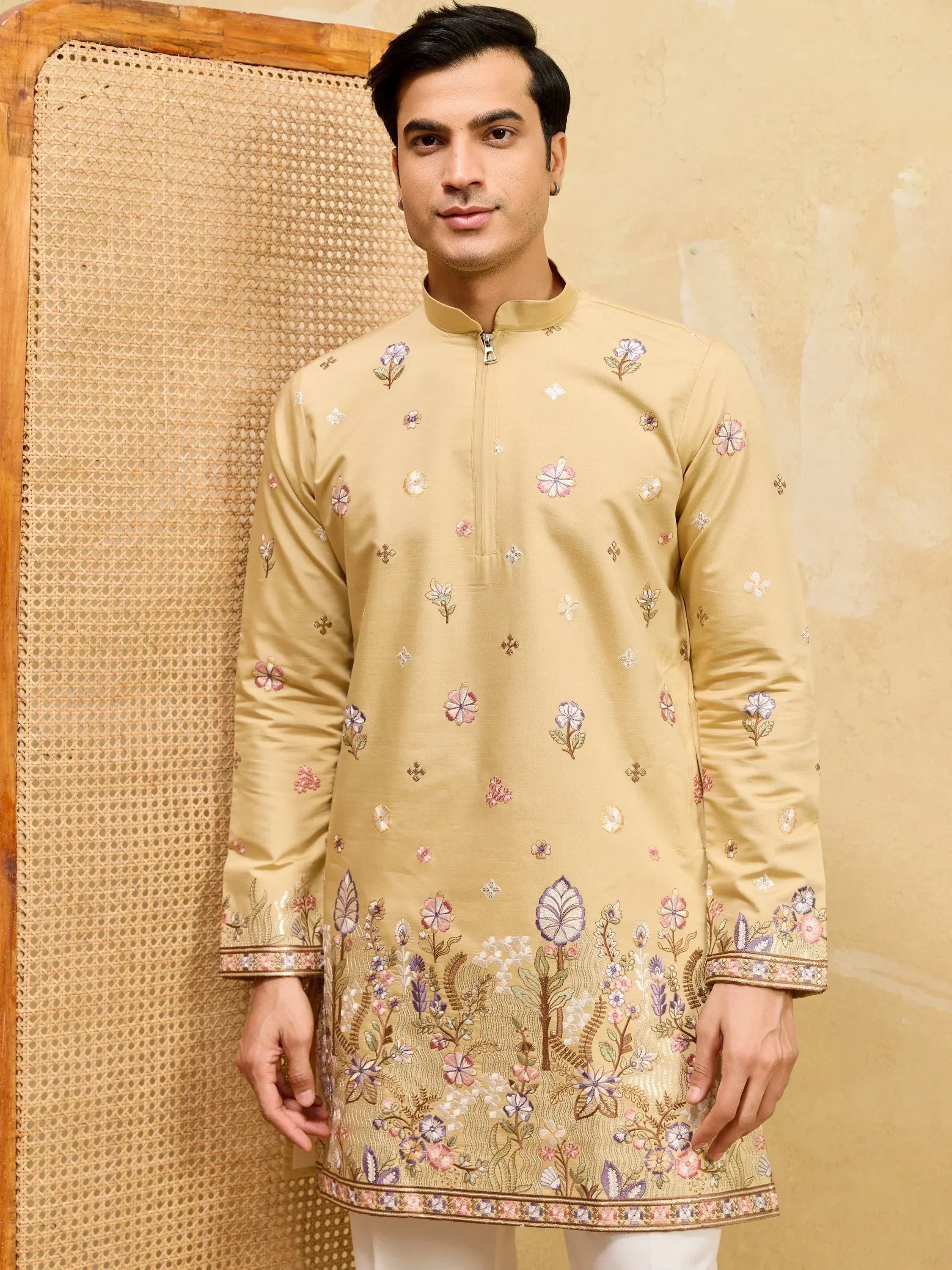 Awesome Yellow Embroidered Silk Wedding Wear Men’s Kurta