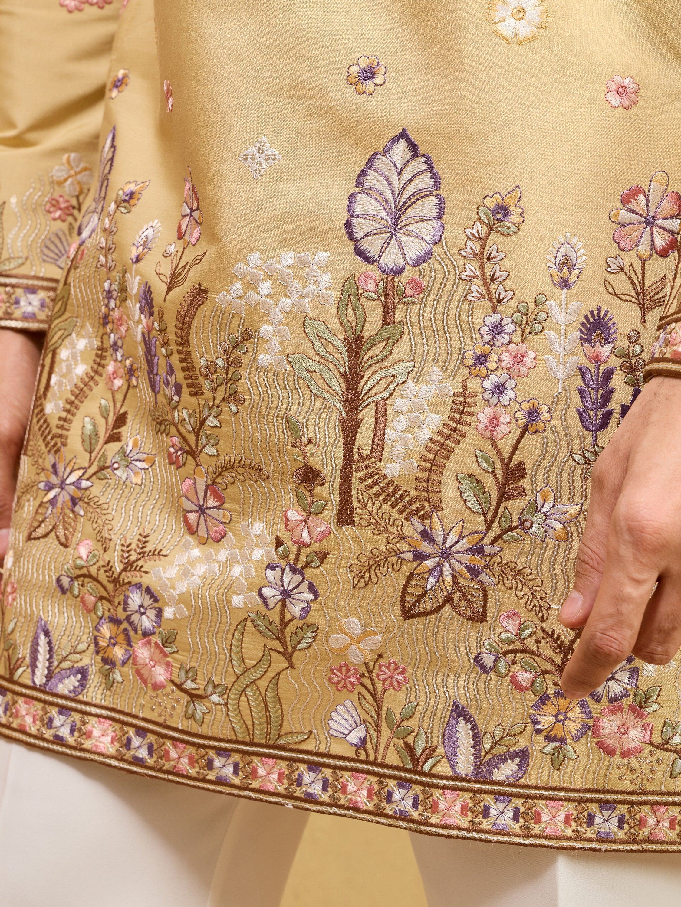 Awesome Yellow Embroidered Silk Wedding Wear Men’s Kurta