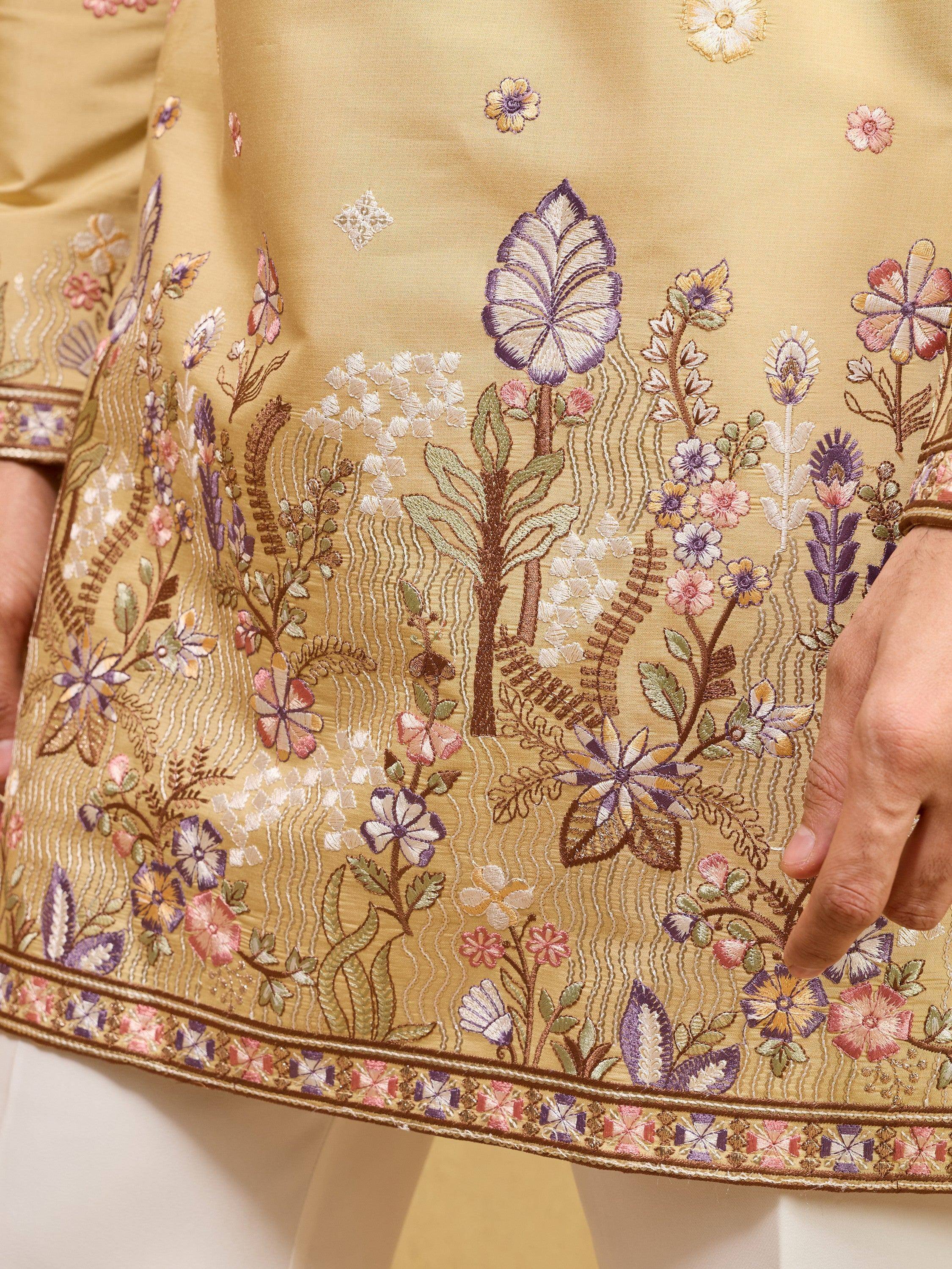 Awesome Yellow Embroidered Silk Wedding Wear Men’s Kurta