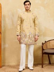 Awesome Yellow Embroidered Silk Wedding Wear Men’s Kurta