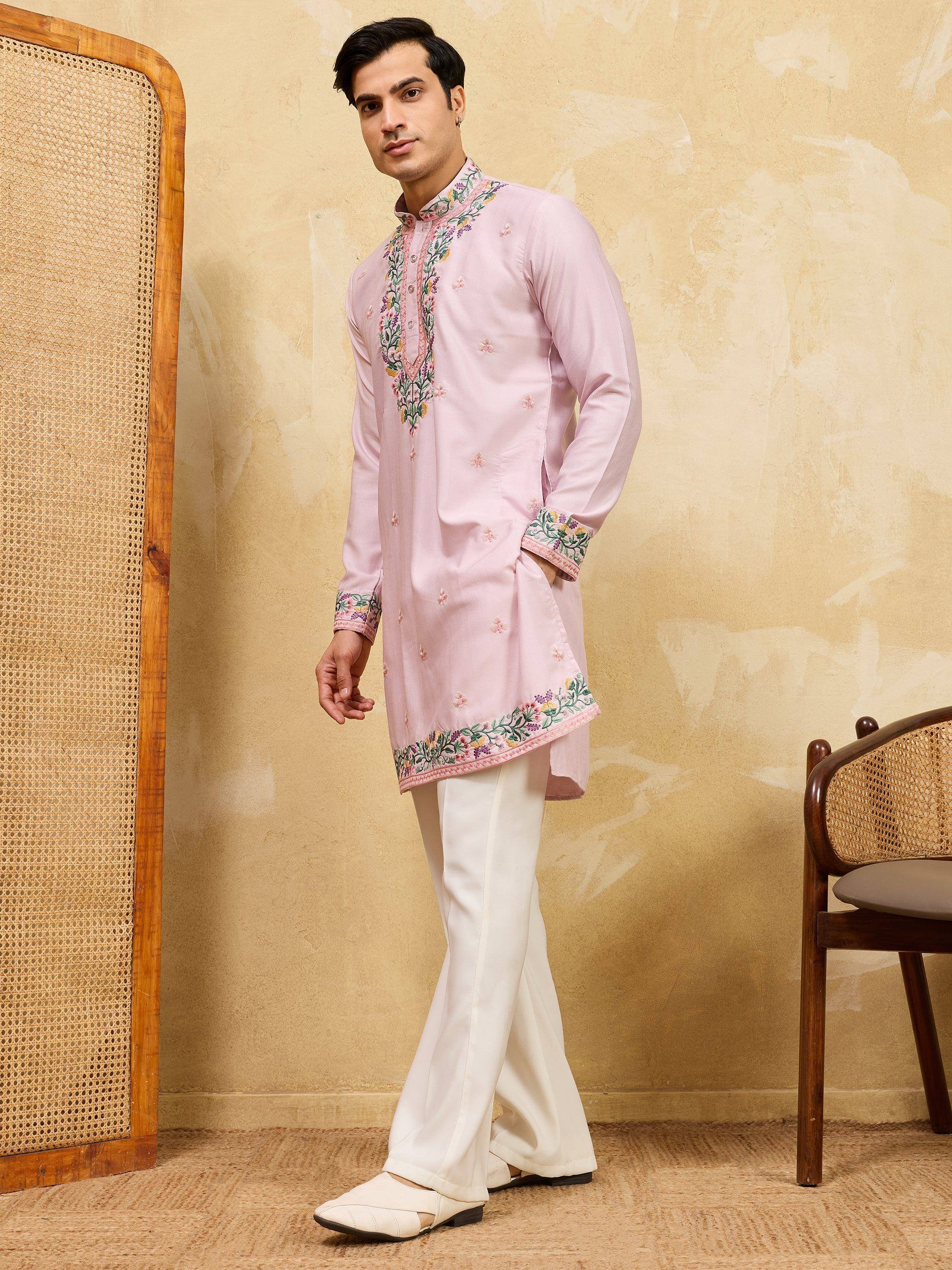 Classic Pink Thread Embroidered Silk Traditional Men’s Kurta