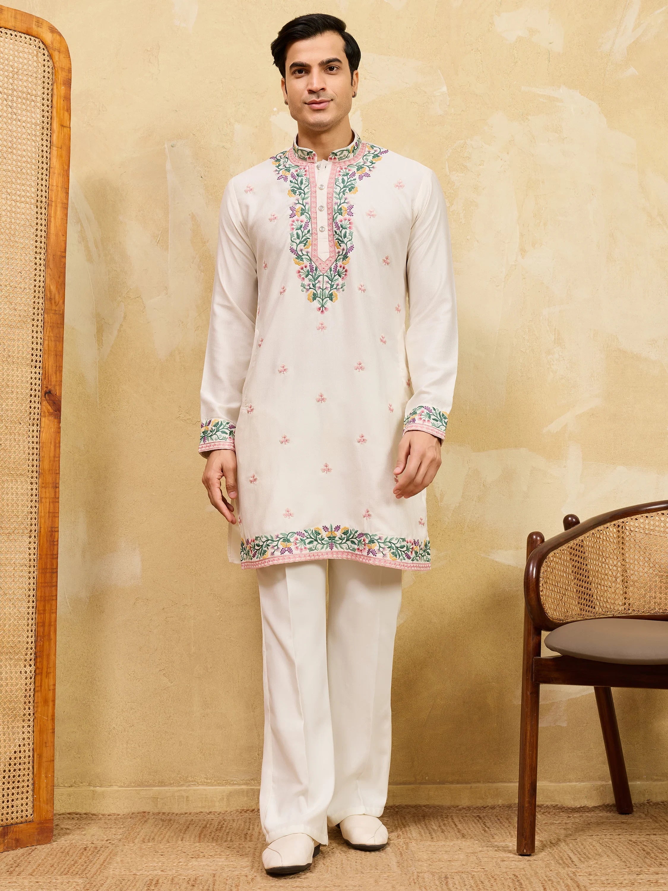 Attractive White Thread Embroidered Silk Festival Wear Men’s Kurta