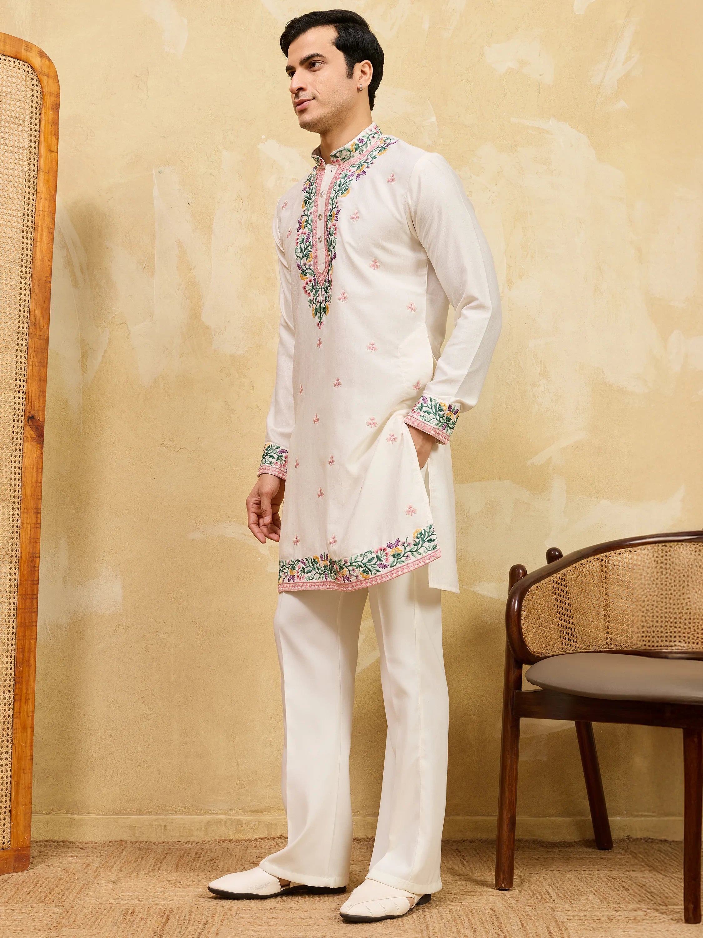 Attractive White Thread Embroidered Silk Festival Wear Men’s Kurta