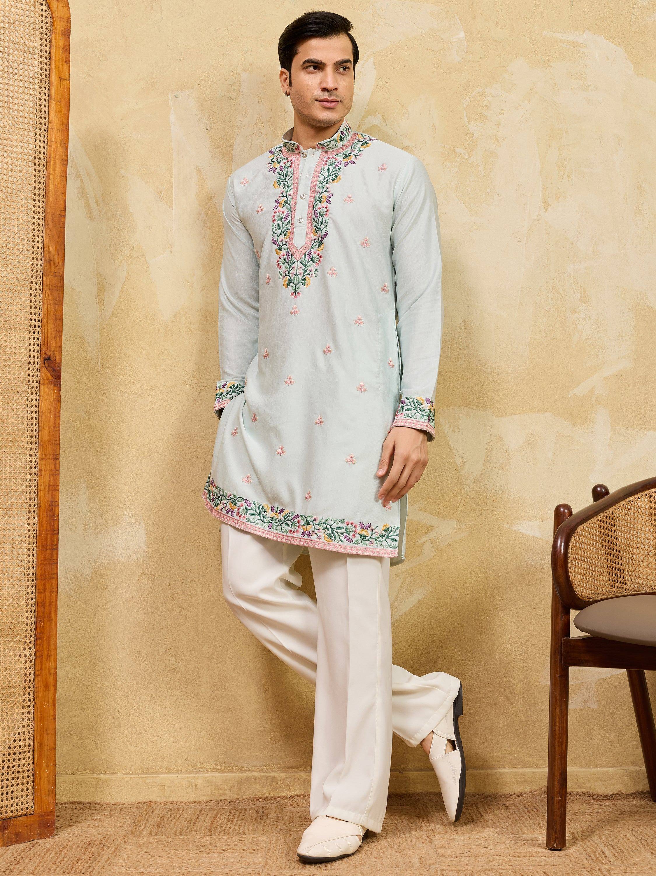 Awesome Sky Blue Thread Embroidered Silk Engagement Wear Men’s Kurta