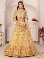 Outstanding Yellow Thread Embroidered Net Festive Wear Lehenga Choli