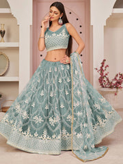 Attractive Sea-Blue Thread Embroidered Net Lehenga Choli