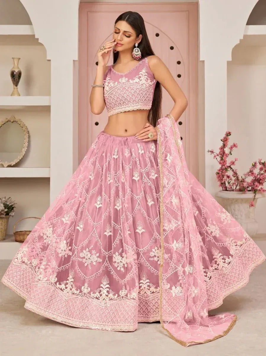 Pink embroidered lehenga choli with floral lace, perfect for Indian ethnic wear and festive occasions