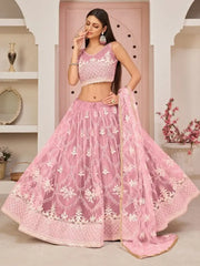 Beautiful Pink Thread Embroidered Net Lehenga Choli