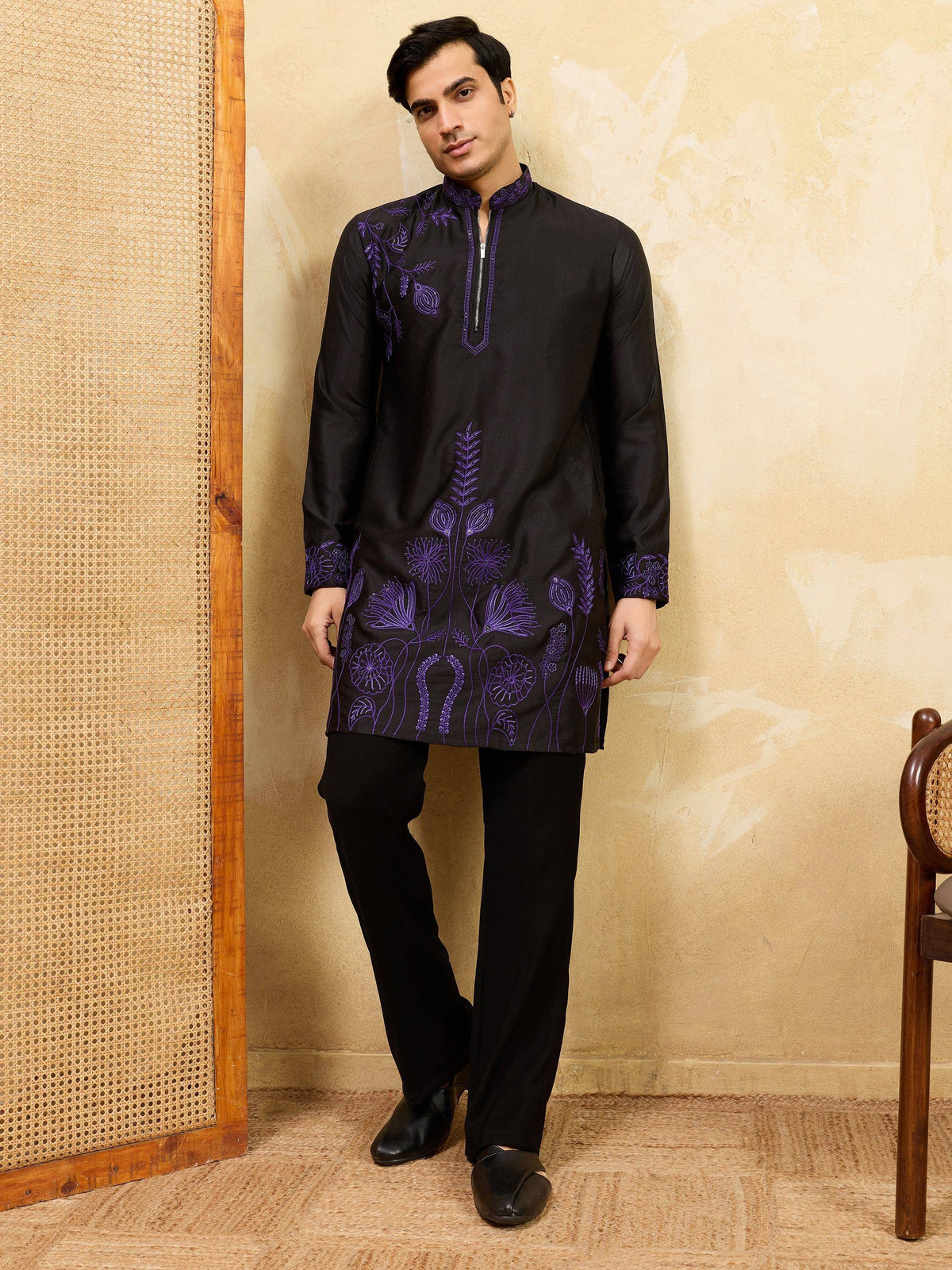 Alluring Black Thread Work Silk Wedding Wear Men’s Kurta