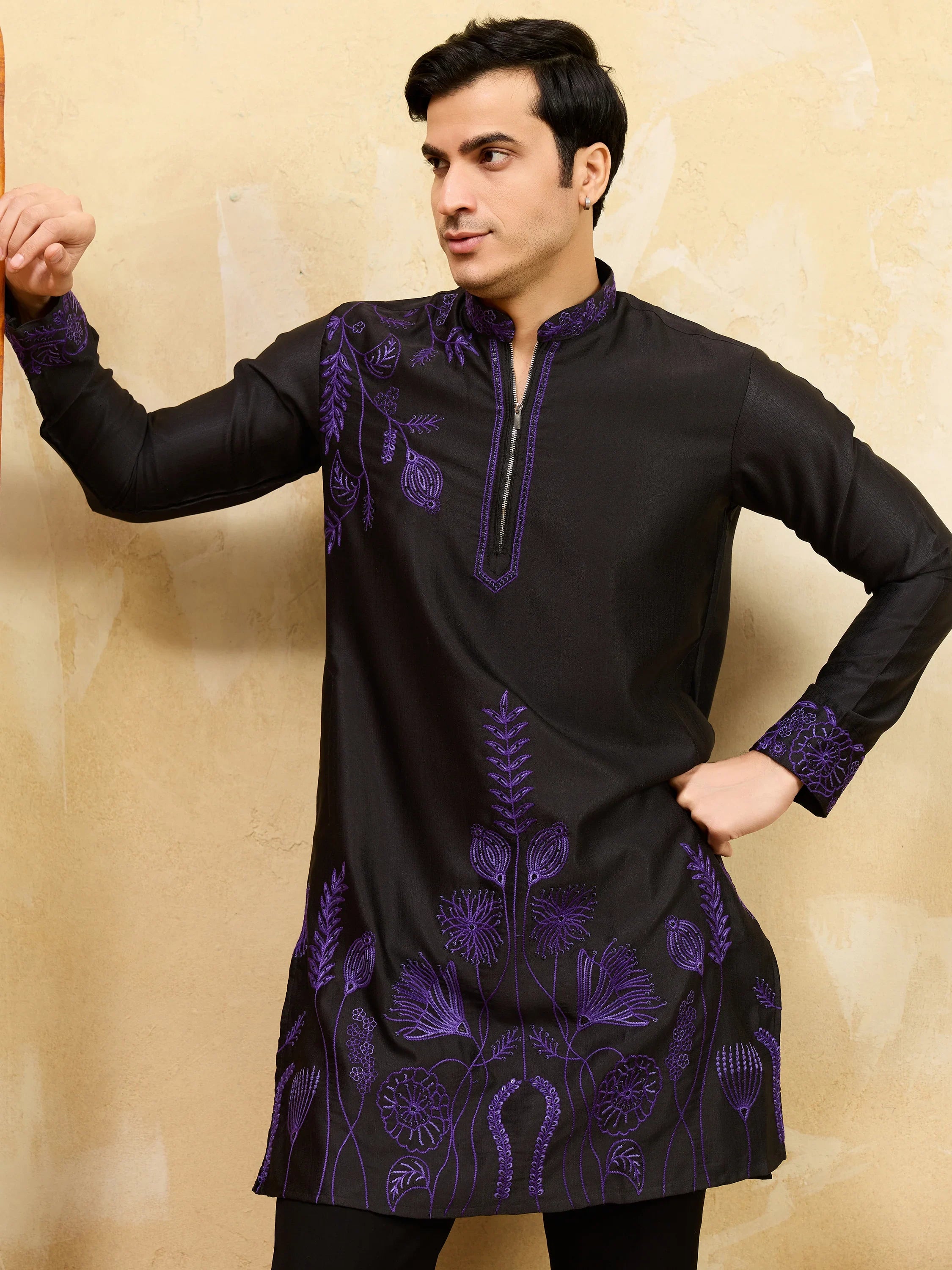 Alluring Black Thread Work Silk Wedding Wear Menโs Kurta