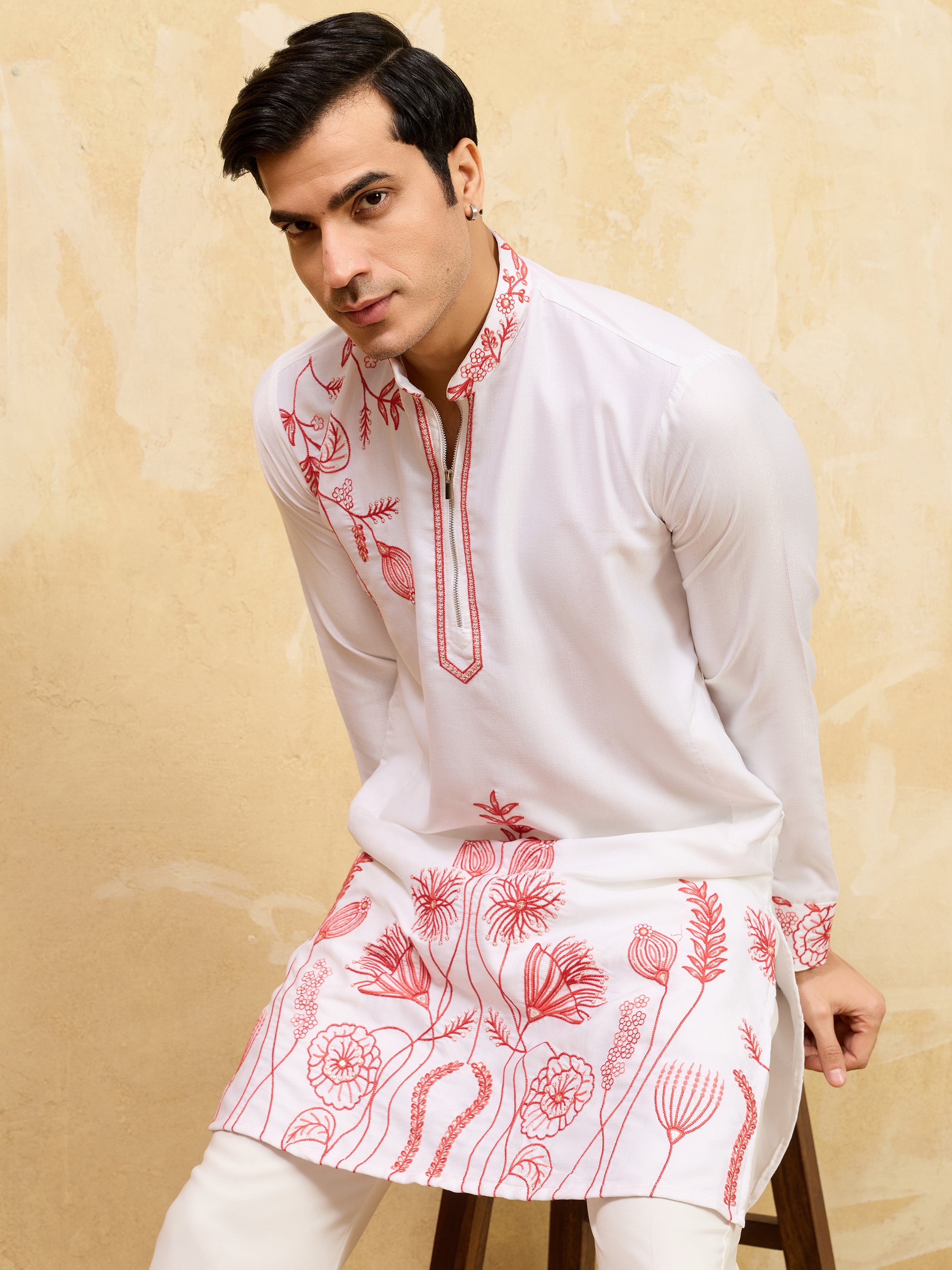 Incredible White Thread Embroidered Silk Function Wear Men’s Kurta