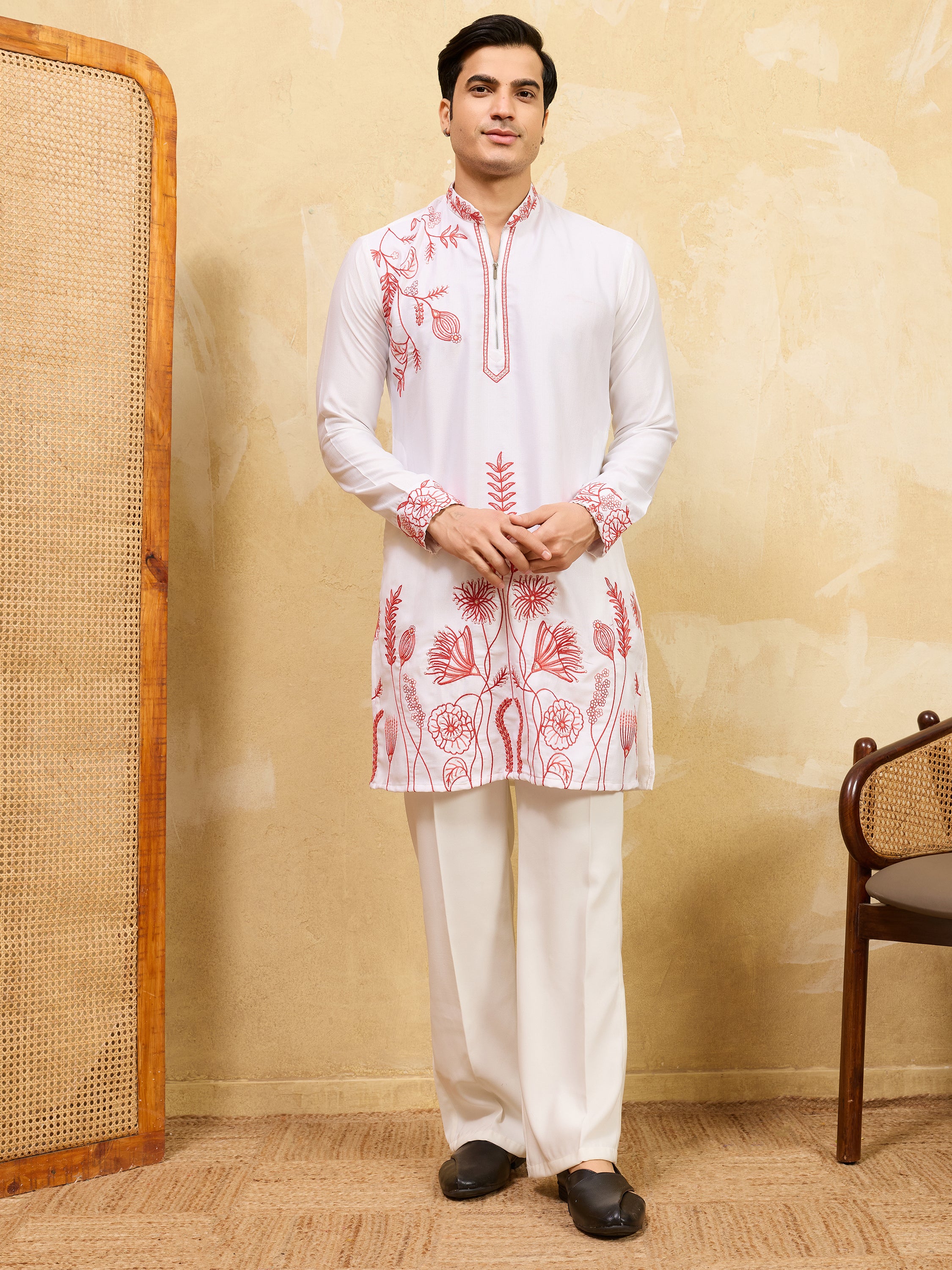 Incredible White Thread Embroidered Silk Function Wear Men’s Kurta