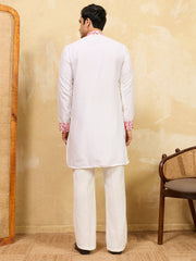 Incredible White Thread Embroidered Silk Function Wear Men’s Kurta