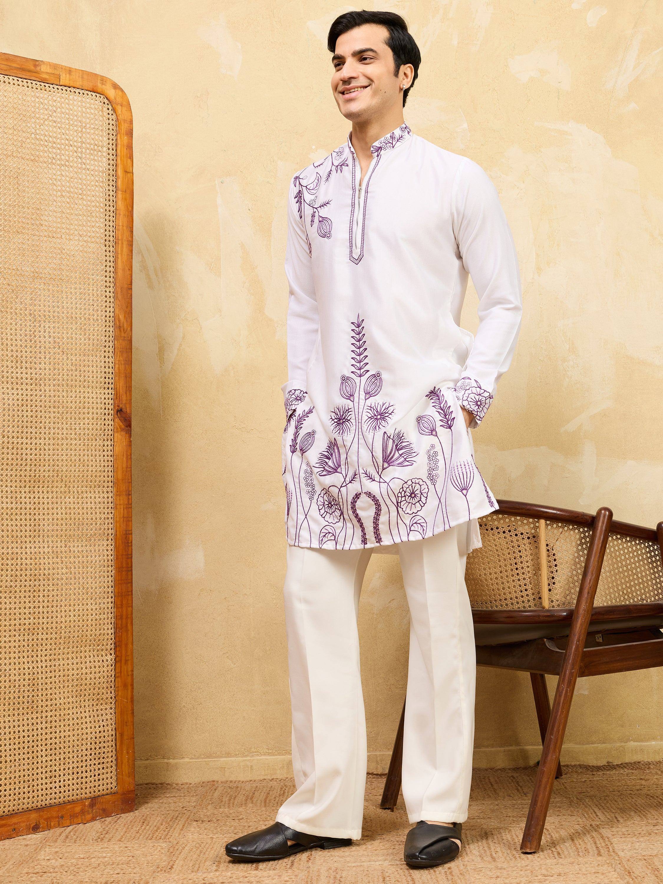 Beautiful White Thread Embroidered Silk Traditional Men’s Kurta