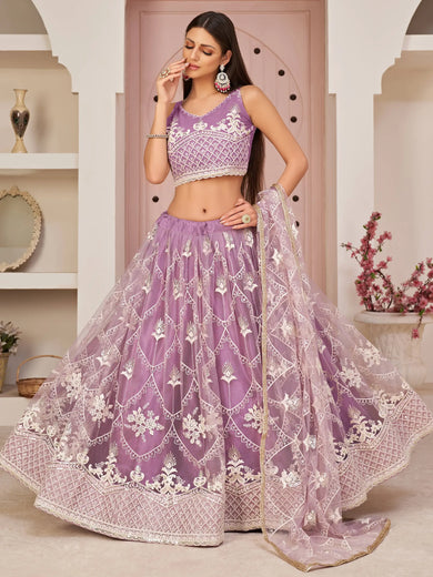 Excellent Purple Thread Embroidered Net Festive Wear Lehenga Choli