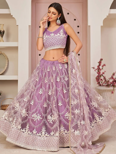 Excellent Purple Thread Embroidered Net Festive Wear Lehenga Choli