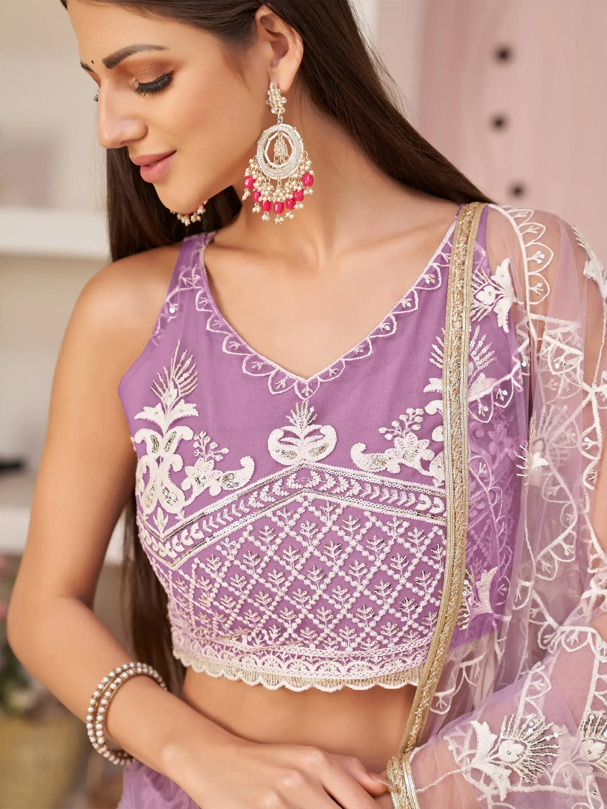 Lavender embroidered crop top with sheer dupatta, perfect for Indian ethnic wear and festive occasions.
