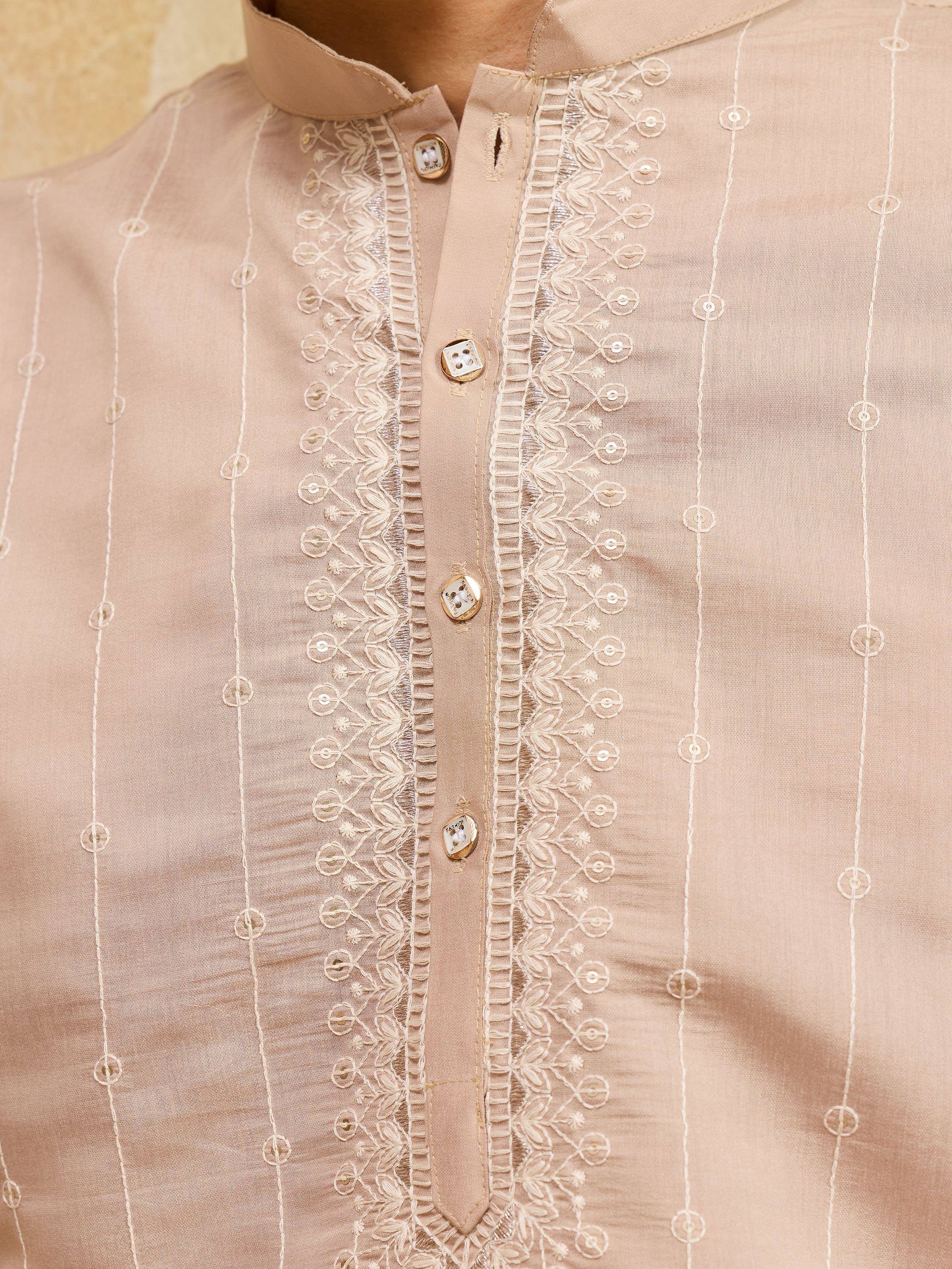 Beautiful Beige Thread Embroidered Silk Traditional Men’s Kurta