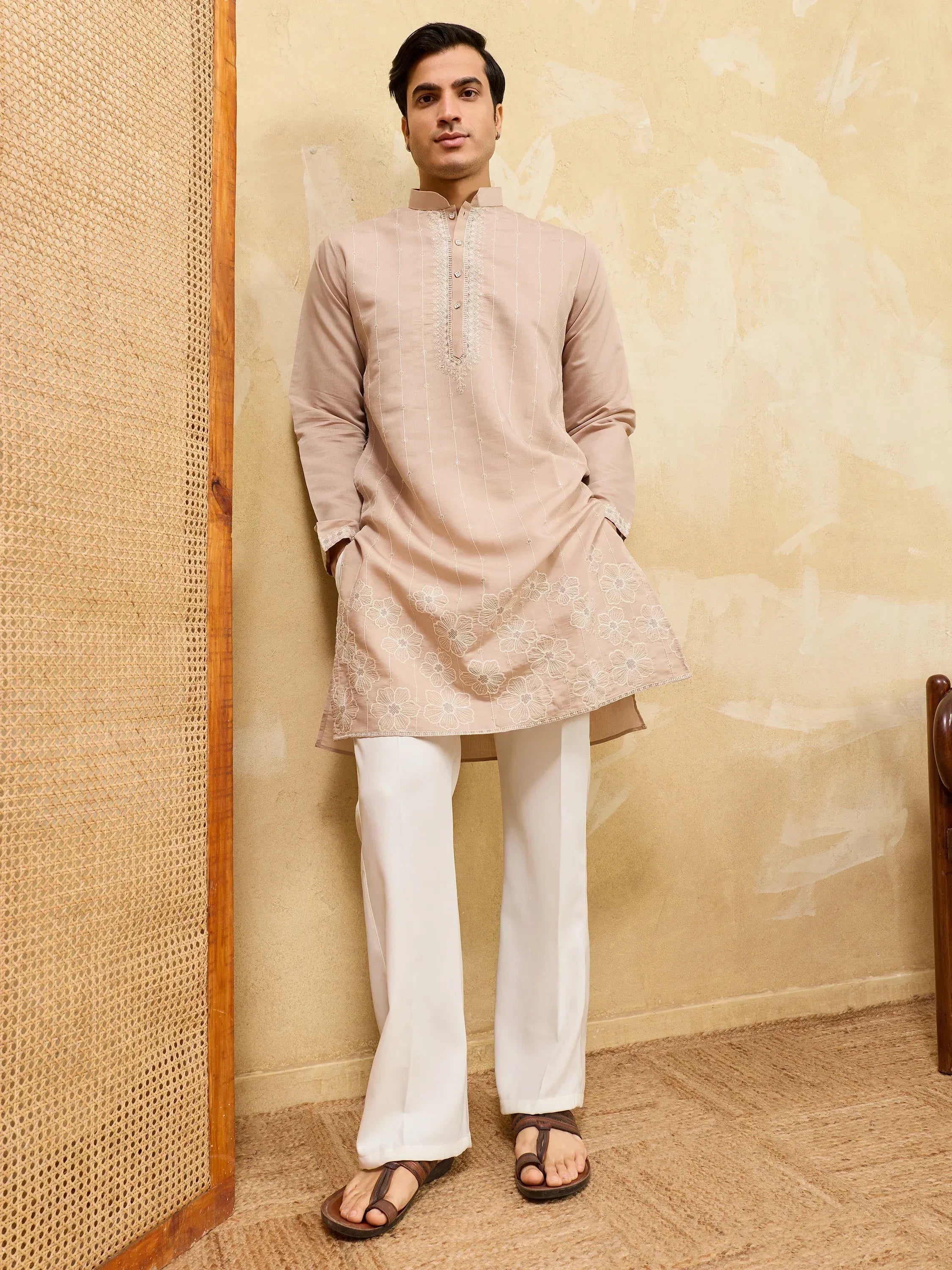 Beautiful Beige Thread Embroidered Silk Traditional Men’s Kurta