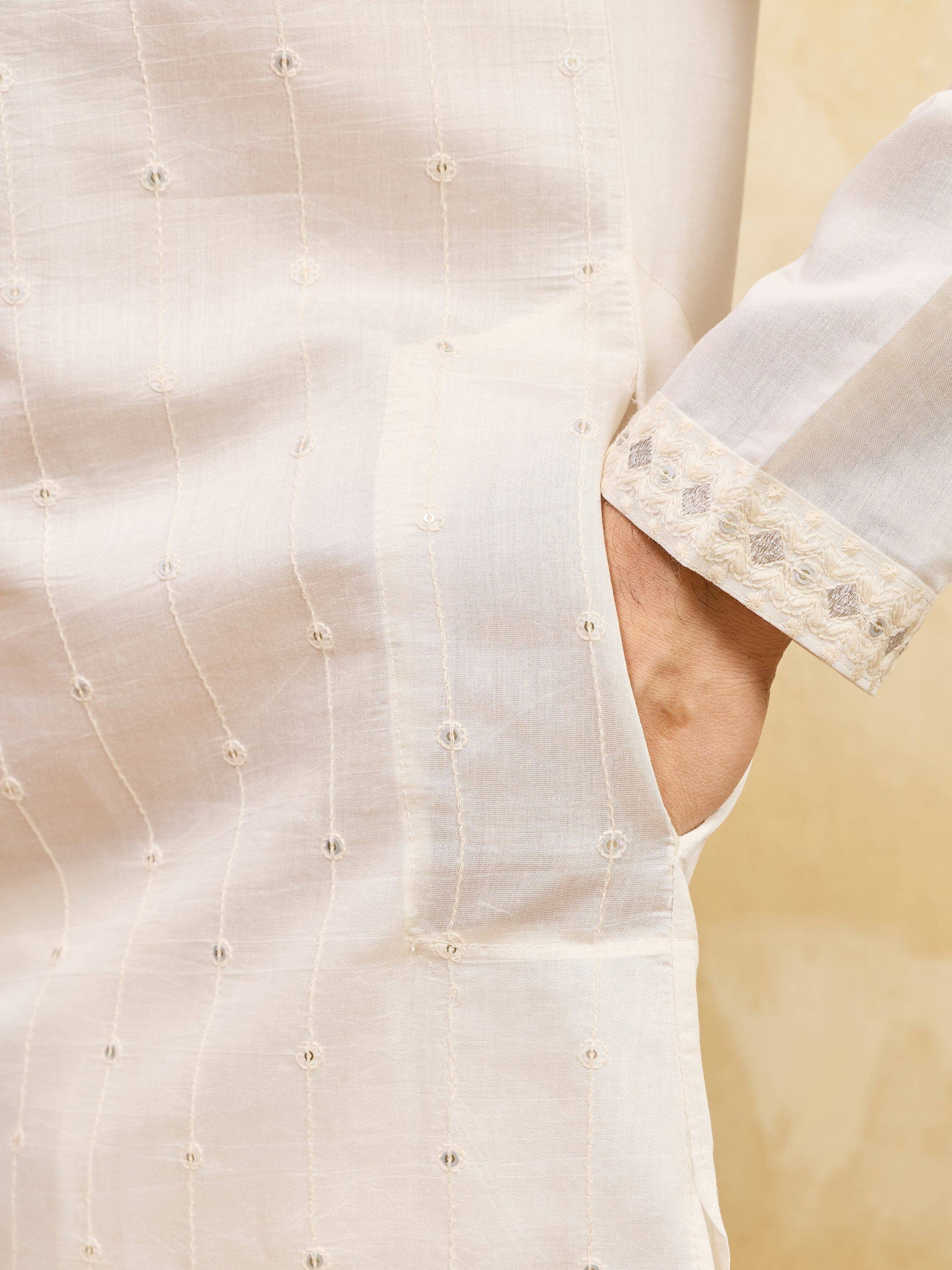 Glamorous White Thread Embroidered Silk Function Wear Men’s Kurta