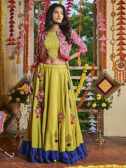 Fluorescent Green Mirror Cotton Navratri Chaniya Choli With Koti