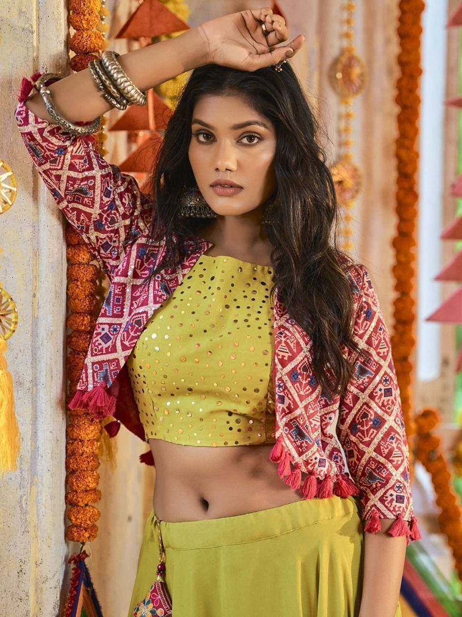 Yellow sequin crop top with red printed jacket and palazzo pants, ethnic wear for women