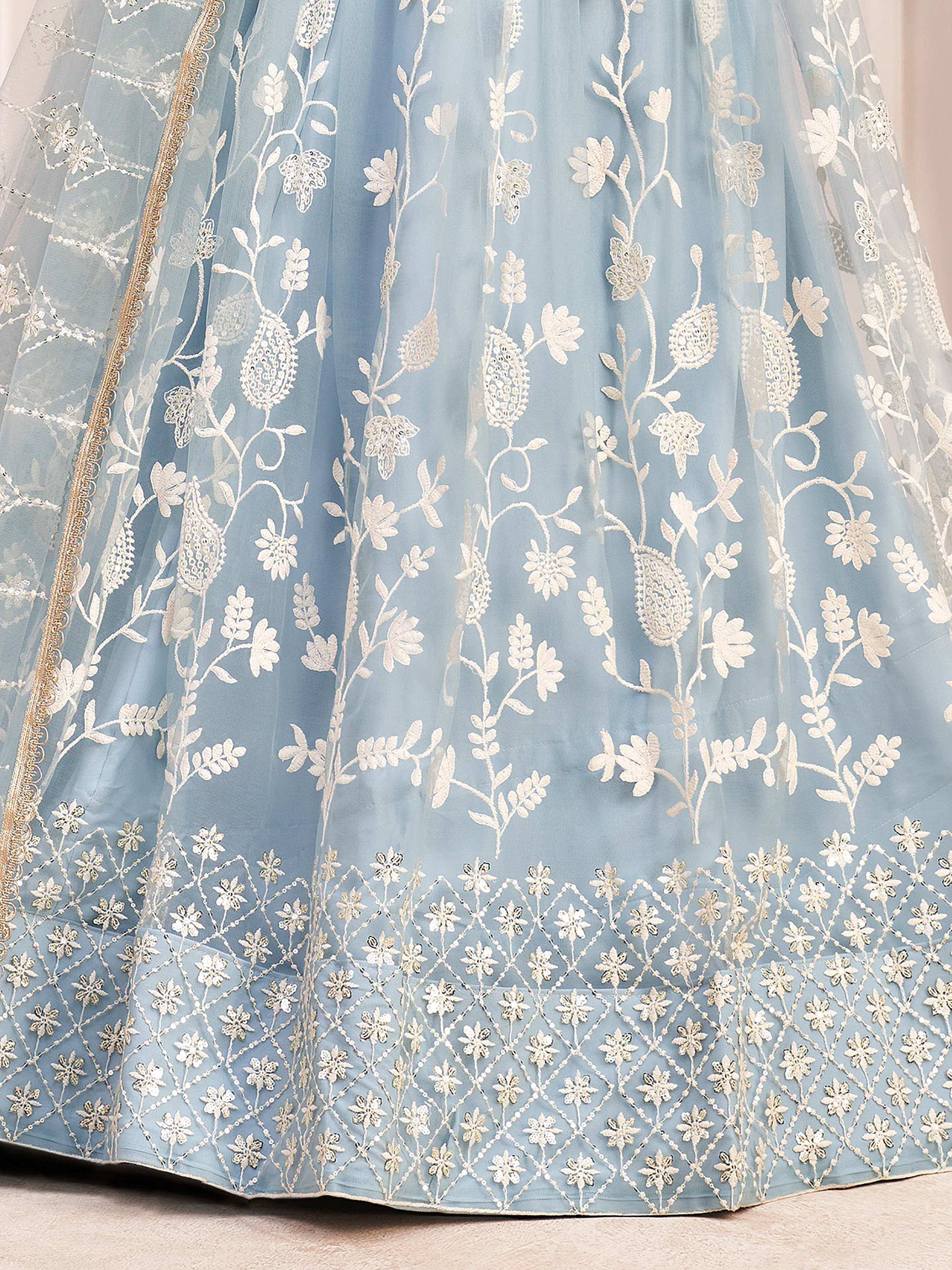 Light blue lehenga with white floral embroidery and gold trim, Indian ethnic wear