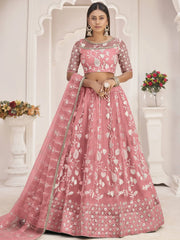 Stunning Peach Thread Embroidered Butterfly Net Lehenga Choli