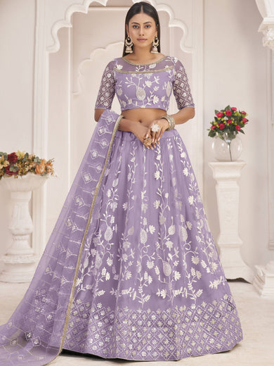 Dazzling Lavender Thread Embroidered Butterfly Net Lehenga Choli