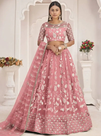 Stunning Peach Thread Embroidered Butterfly Net Lehenga Choli