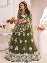 Gorgeous Mehendi Green Butterfly Net Embroidered Party Function Wear Lehenga