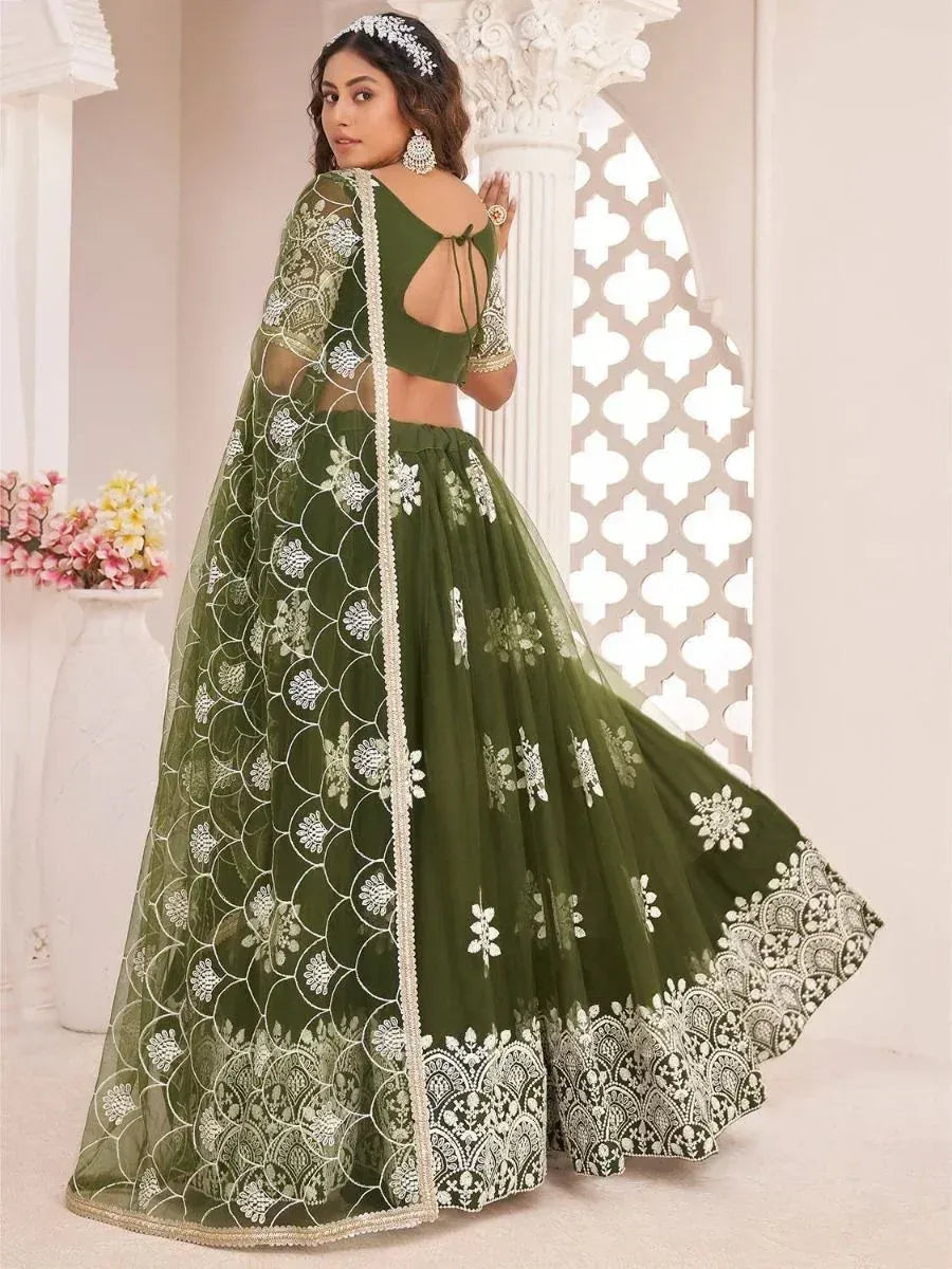 Olive green designer lehenga choli with white floral embroidery and lace detailing, perfect for Indian ethnic wear