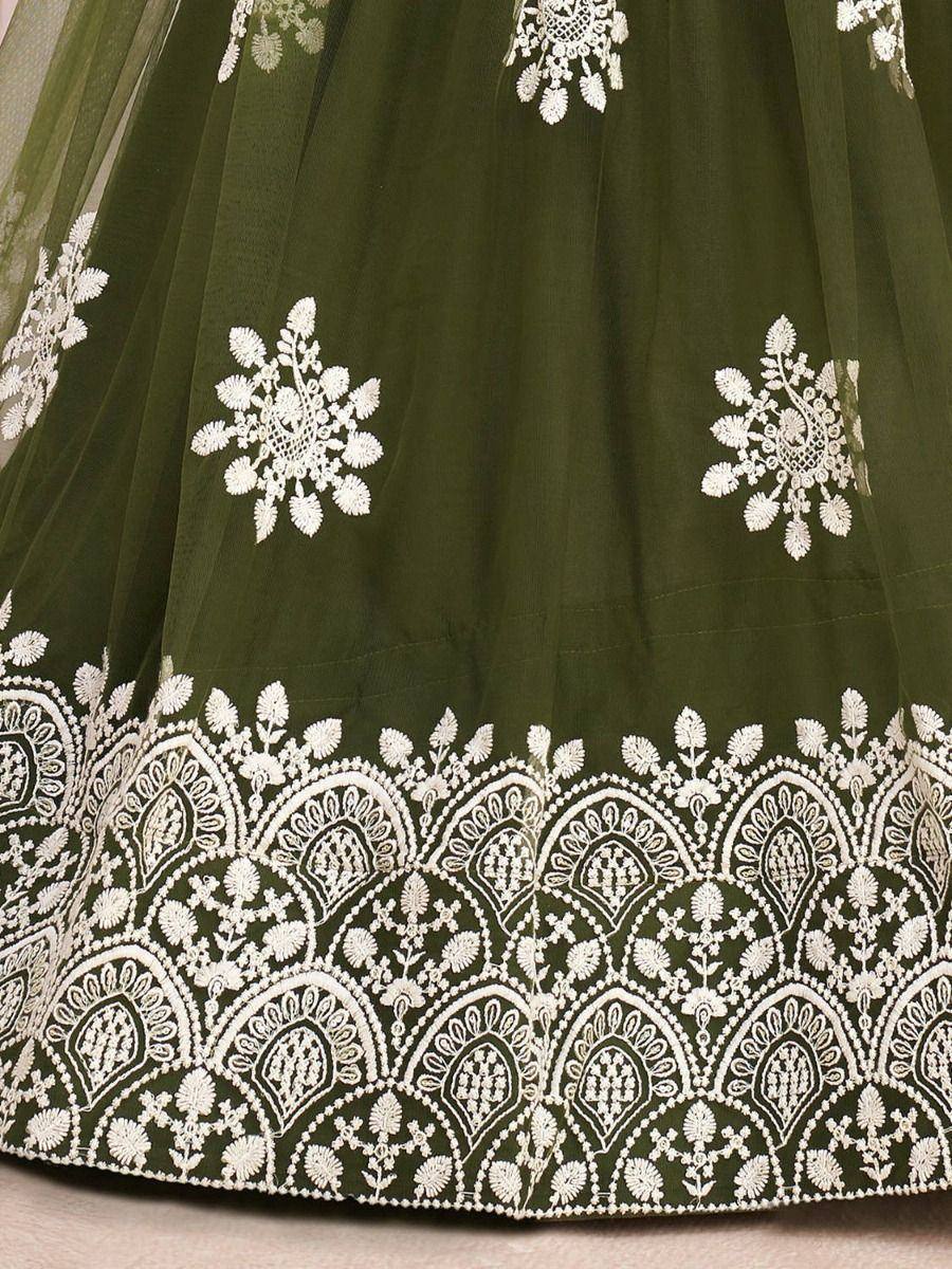 Olive green lehenga with intricate white floral embroidery and detailed border design