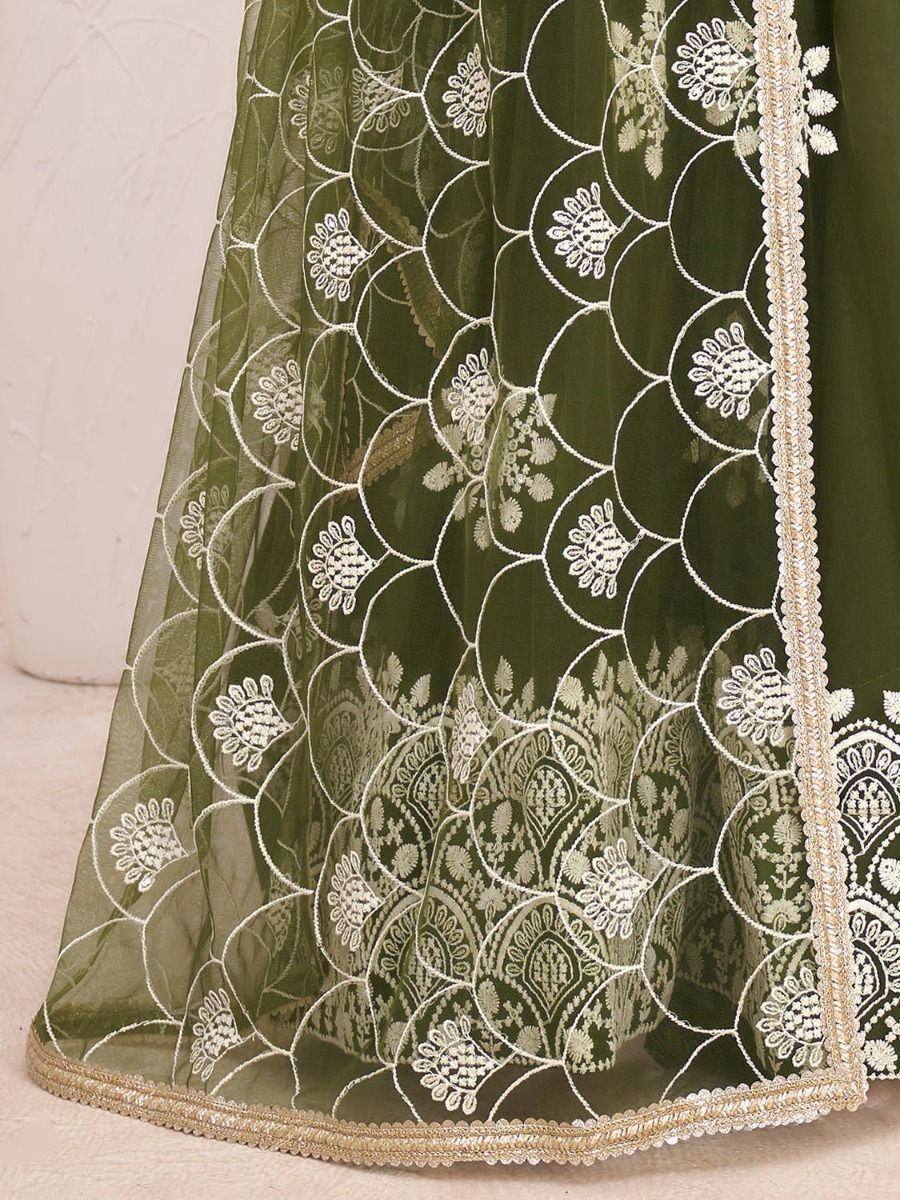 Olive green lehenga with white floral embroidery and gold trim, ethnic Indian wear